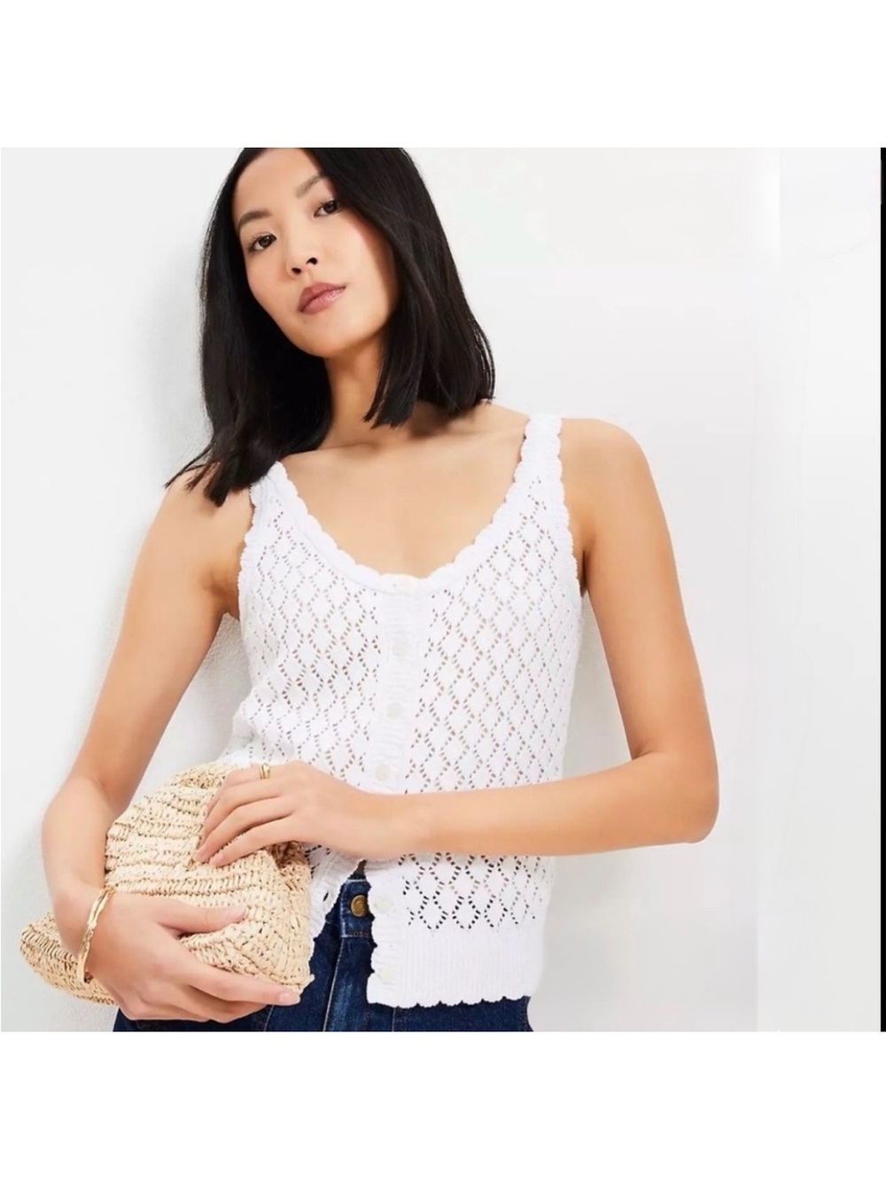 LOFT White Crochet Lacy Cotton Button-Front Camisole Sleeveless Tank Top